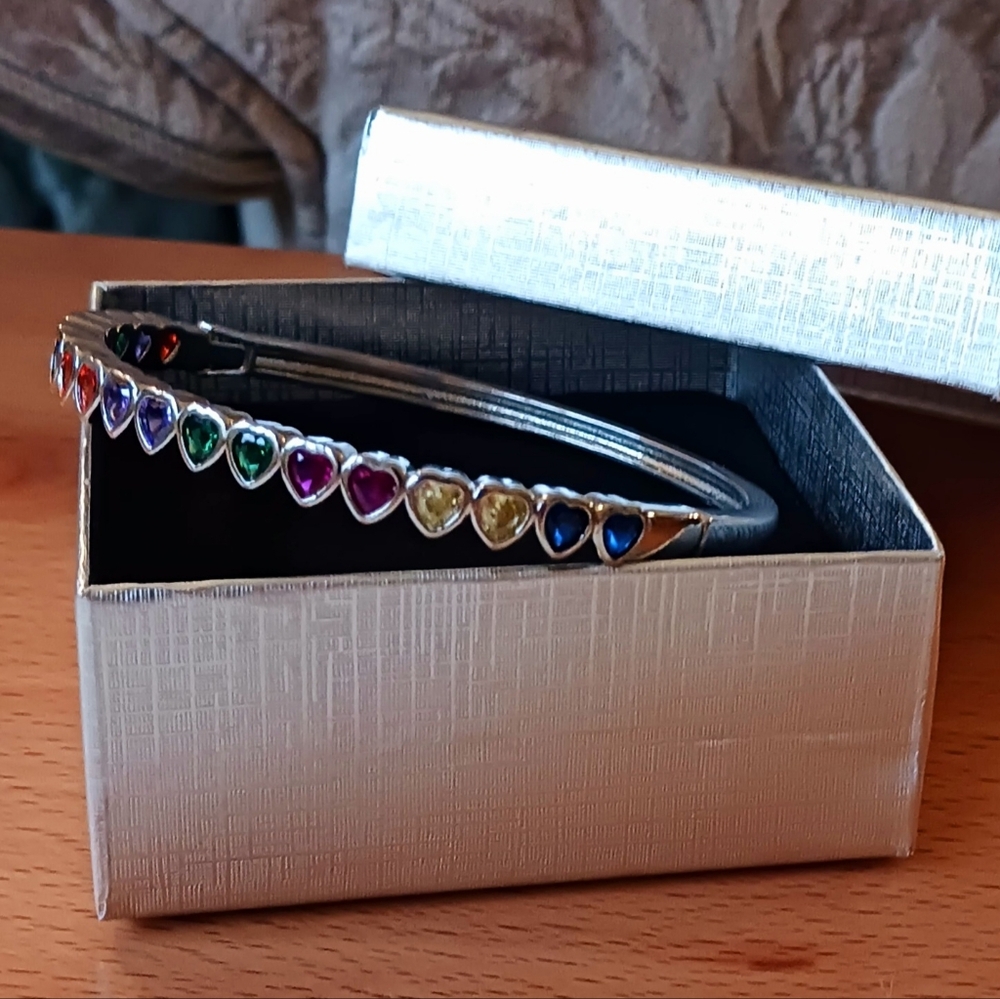 STERLING Silver Bangle Bracelet with Sparkling Colorful Heart Shaped Gemstones - Picture 6 of 15